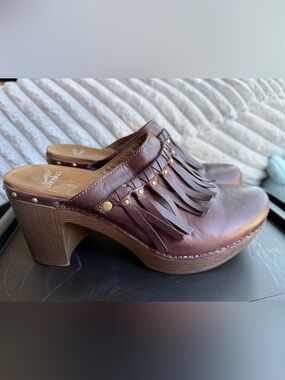 Dansko Deni Brown Leather Fringe Heeled Clog Mules Size 41/ US 10.5